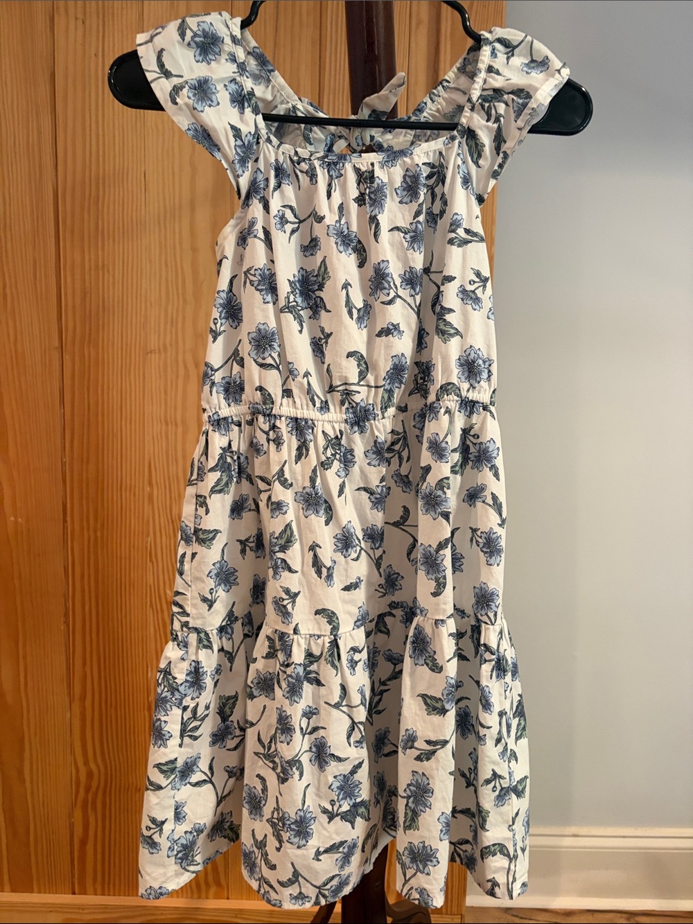 Crewcuts Girls White Floral Tiered Sundress with Blue Print and Flutter Sleeves